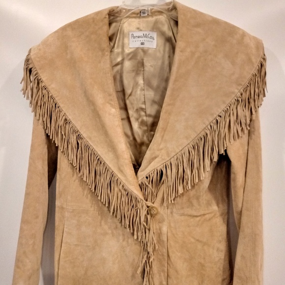 NEW Pamela McCoy Tan Leather Coat with Fringe - Picture 5 of 8